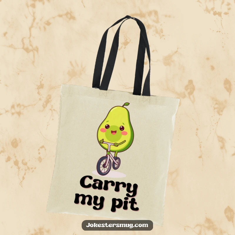 Funny tote bag featuring a smiling avocado riding a miniature unicycle, wobbling but maintaining a cheerful expression.