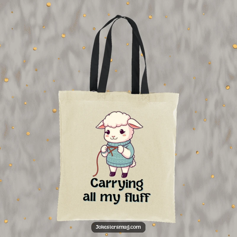 Funny Sheep Tote Bag: A humorous sheep attempts to knit a sweater from its own wool. An eco-friendly funny gift for crafters.