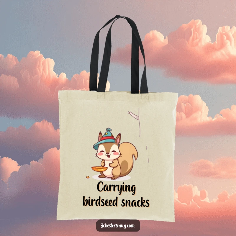 Funny Squirrel Tote Bag: A mischievous squirrel wears a bird feeder as a hat, showcasing a humorous and practical design for gifting.