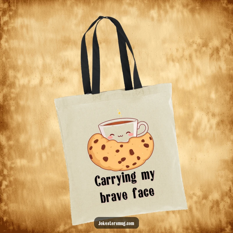 Funny tote bag showcasing a shy teacup peeking from behind a giant cookie, ideal for carrying essentials with sweet and humorous flair.