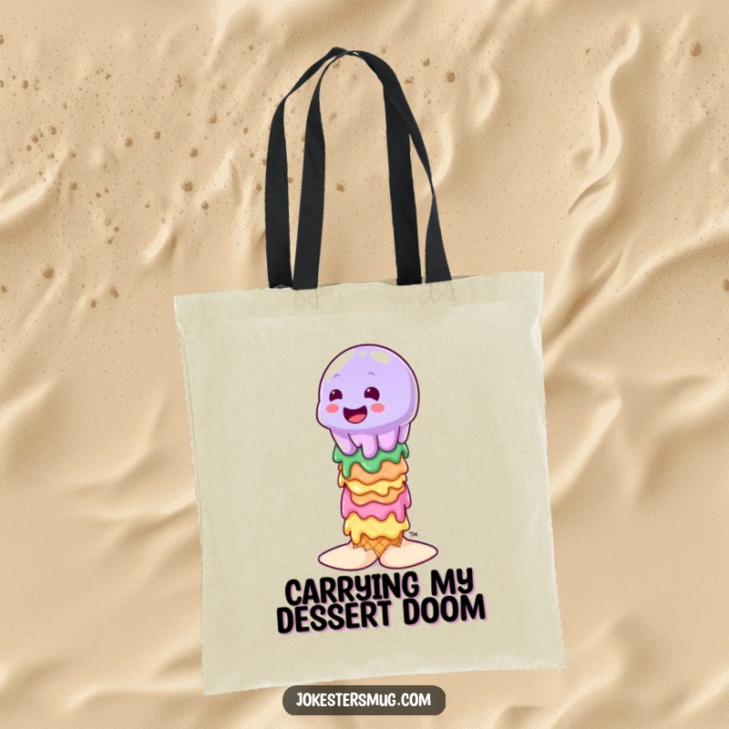 Funny wobbly jelly character attempting to balance on a stack of melting ice cream cones, printed on a durable tote bag.