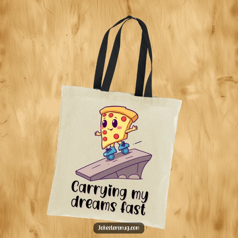 Funny pizza slice with roller skates, making a daring jump off a ramp, featured on a functional and humorous tote bag.