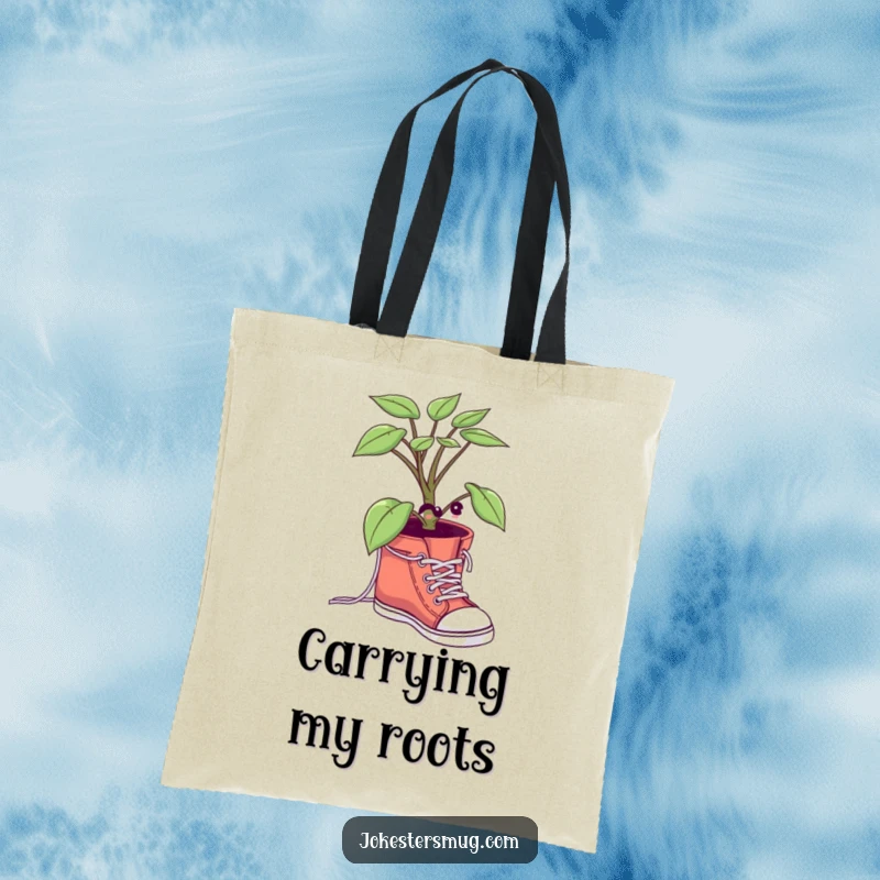 Funny Potted Plant Tote Bag: A comical plant is shown tying its shoelaces, showcasing a humorous and practical design for gifting.