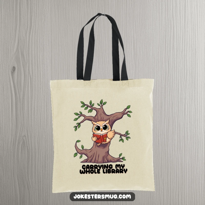 Funny tote bag illustration of a startled owl falling from a tree, clutching a book for dear life.