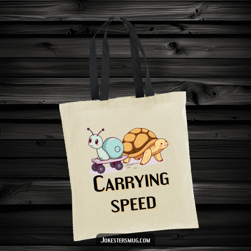 Funny tote bag showcasing a snail on roller skates speeding past a napping tortoise, ideal for carrying everyday items with a humorous twist.
