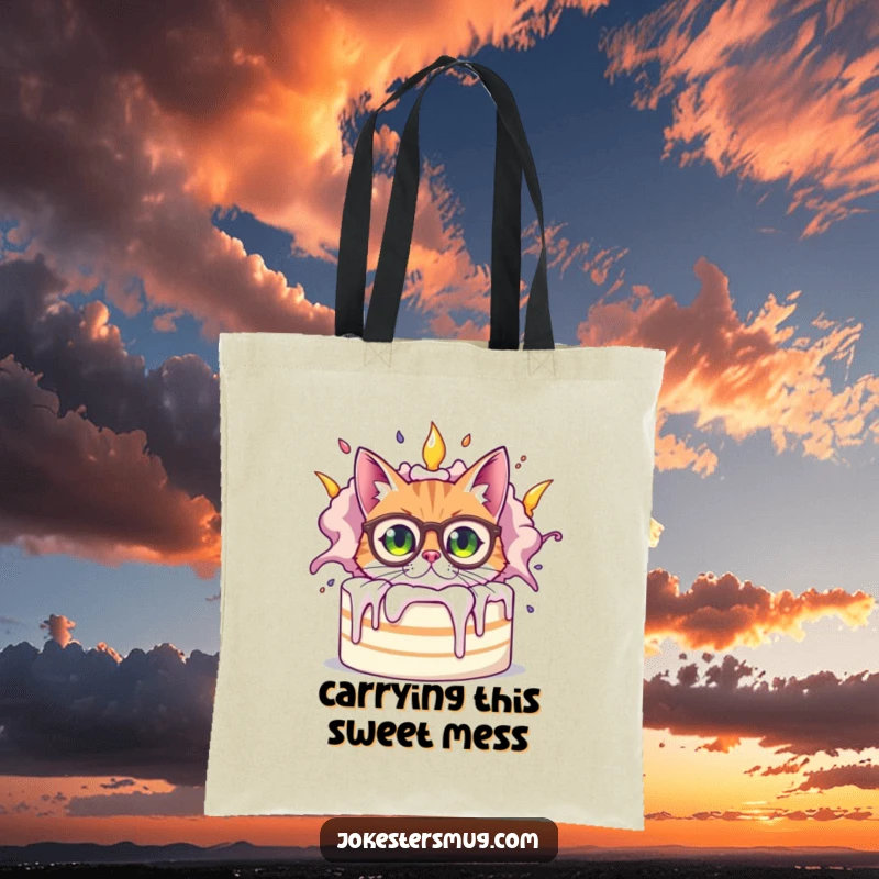 Funny bewildered cat wearing oversized spectacles peeking from behind a giant, exploding cake, a humorous scene on this practical and funny tote bag.