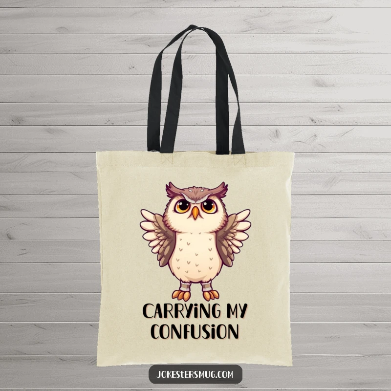 Funny owl looking bewildered while wearing socks on its wings, illustrated on a stylish and humorous tote bag.