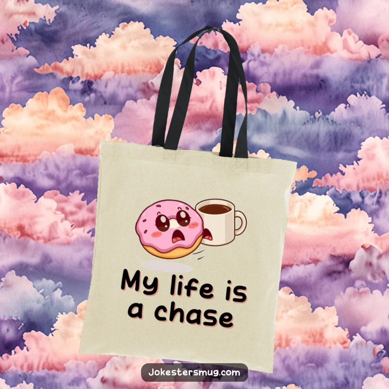 Funny donut with wide eyes is chased by a rogue coffee mug on a tote bag, symbolizing a chaotic morning.