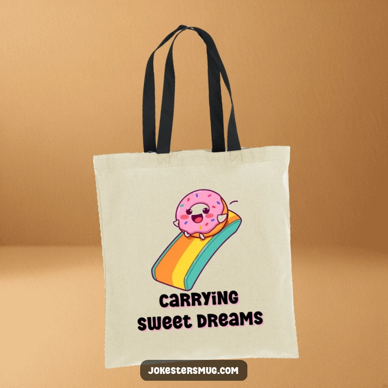 Funny Donut Tote Bag: A joyful donut character slides down a rainbow, showcasing a sweet and practical design for gifting.