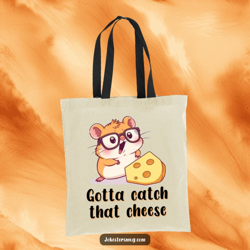 Funny tote bag featuring a startled hamster in oversized spectacles, mid-trip over a huge block of cheese, perfect for grocery runs.