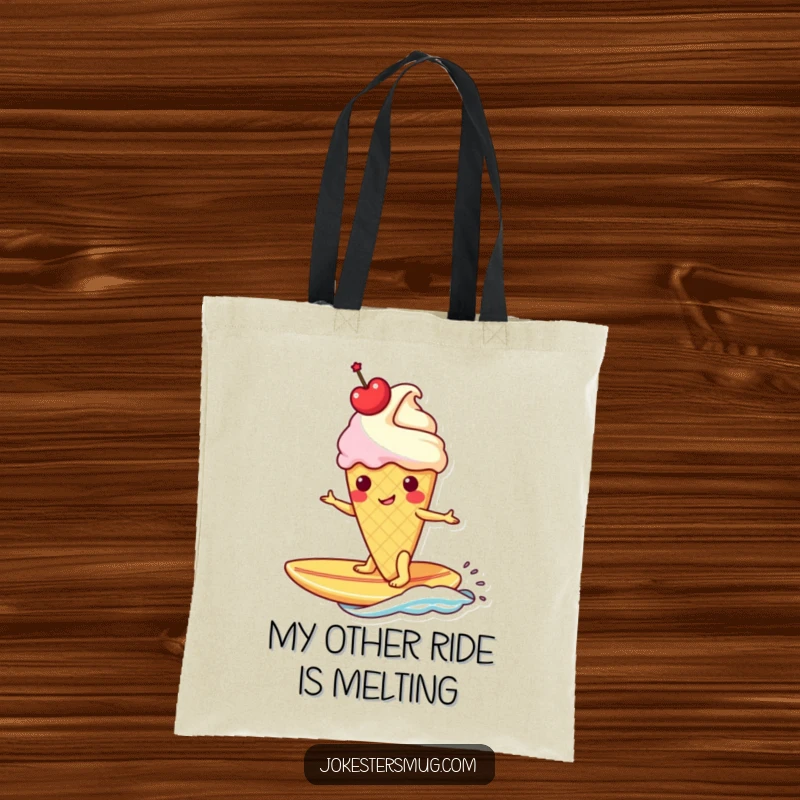 Funny ice cream cone with a cherry crown uses a banana as a surfboard on a tote bag, suggesting fun and portability.