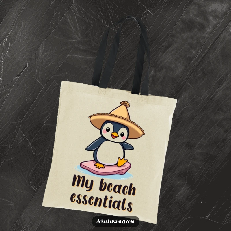 Funny tote bag with a penguin wearing a sombrero, surfing on an ice floe, a comical character ready for beach or daily use.