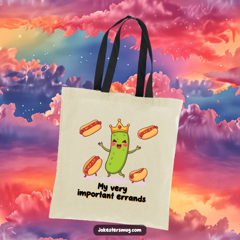 Funny pickle wearing a tiny crown enthusiastically juggling three runaway hot dogs, a humorous scene on this practical and funny tote bag.