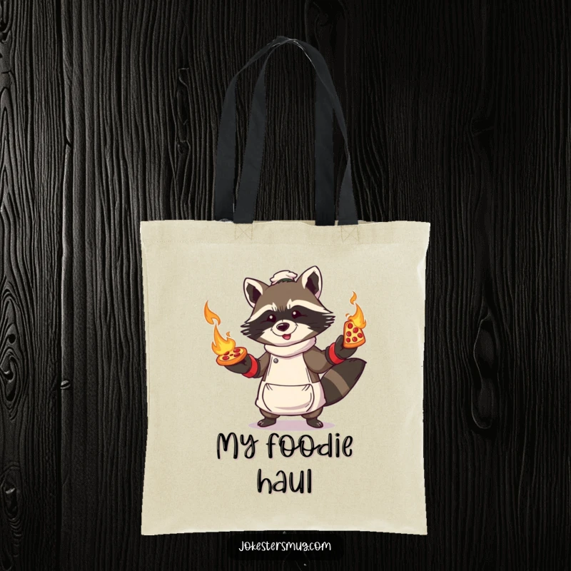 Funny Raccoon Pizza Tote Bag: Raccoon character wearing oven mitts, juggling flaming pizzas, a humorous and practical tote.