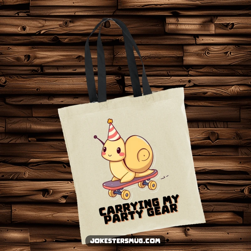 Funny tote bag illustration of a snail wearing a party hat, zooming along on a skateboard with great speed.