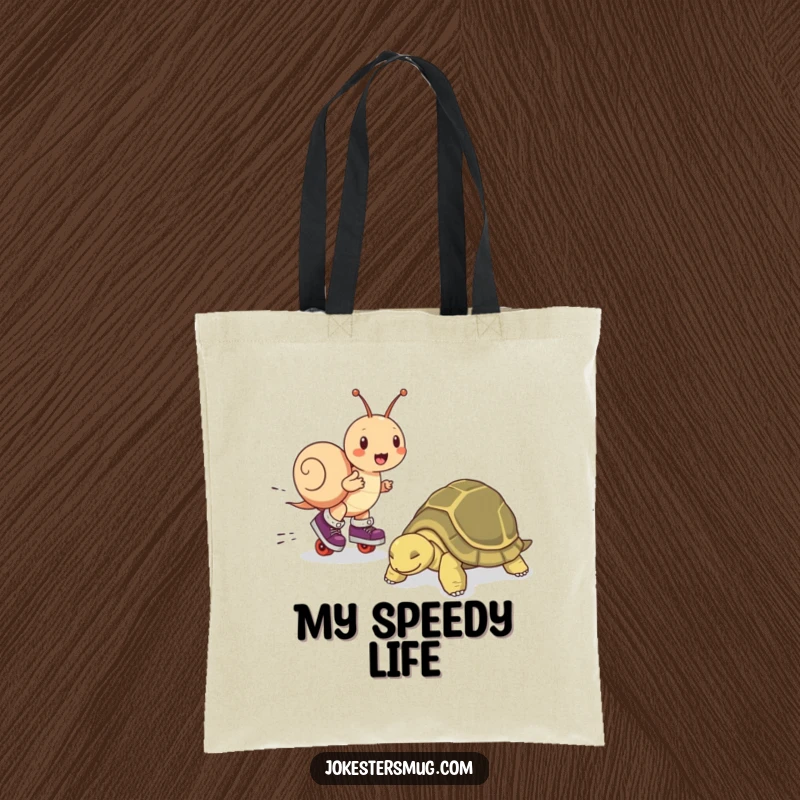 Funny tote bag with a snail on roller skates whizzing past a peacefully sleeping tortoise, ideal for everyday use.