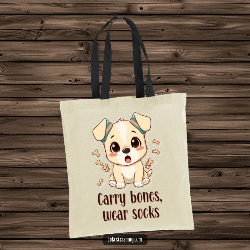 Funny large tote bag with a surprised puppy wearing ear socks and juggling bones, great funny gift.