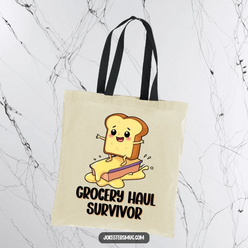 Funny toast surfing on butter tote bag, humorous breakfast character, practical and funny accessory, an excellent funny gift.