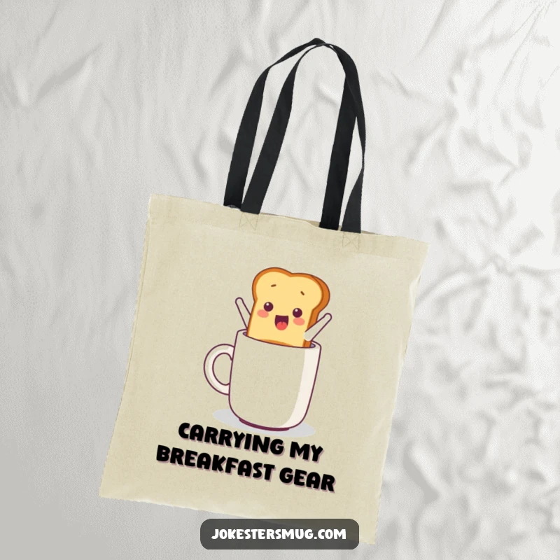 Funny tote bag illustration of a piece of toast leaping excitedly out of a toaster and into a mug.