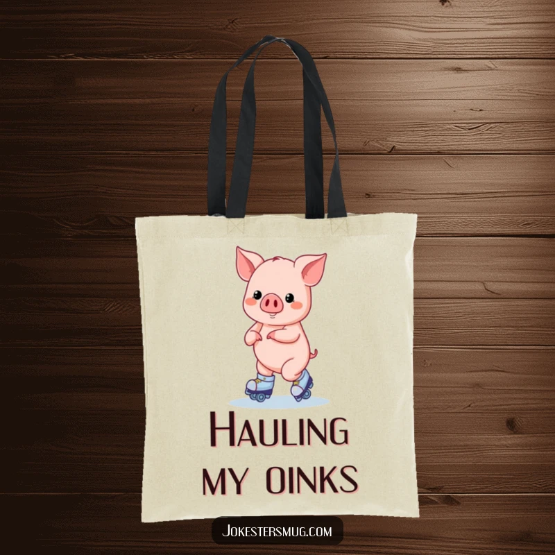 Funny Roller Skating Pig Tote Bag: A pig on roller skates attempts a figure eight, great for humorous errands.