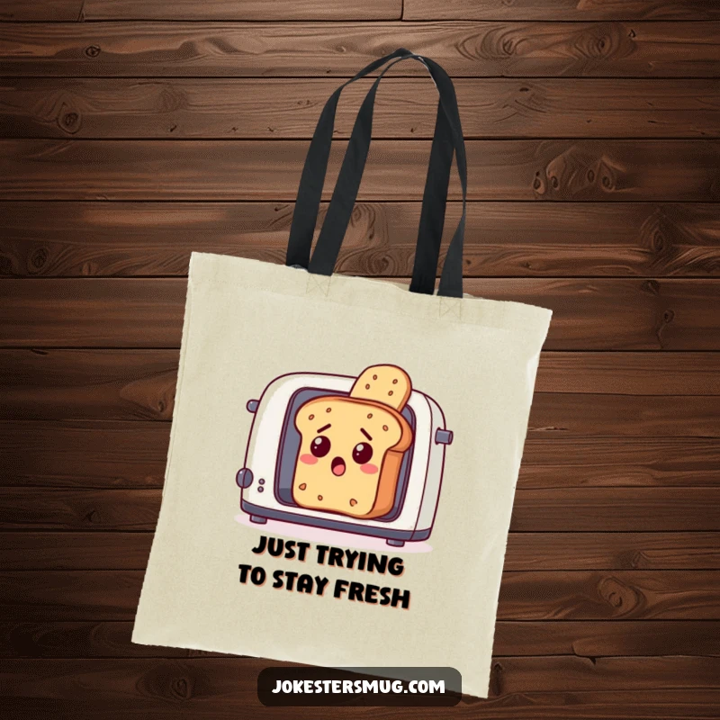 Funny bread loaf, with a startled expression, fleeing from a toaster, a humorous and functional tote bag.